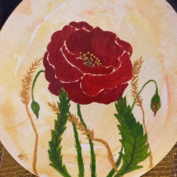 Unframed Original Art Watercolour Poppy & Buds on Circular Paper Alberta Art - Picture 3 of 4